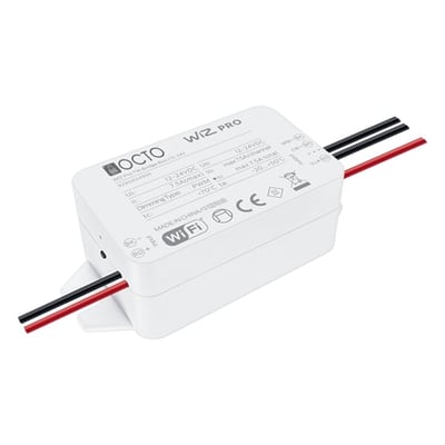 Nærbillede af Ansell Lighting Octo Wiz lysdæmper, viser detaljer på enheden, inklusive WIZ WiFi mærkning og tilslutningskabler.