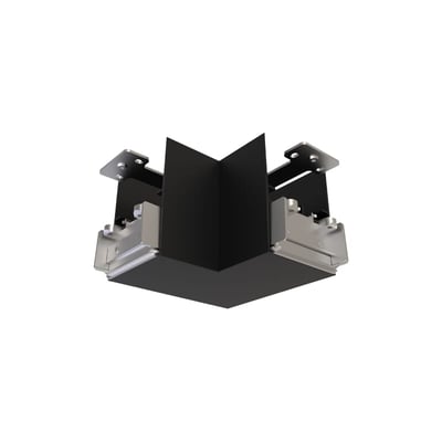 Ansell Lighting Vasco LED 90° hjørne i sort aluminium med monteringsbeslag. Produktet viser en 90 graders vinkel til lyssystemer.