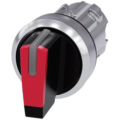 Siemens 22 mm rund metal omskifter med højglans finish og rød aktuator, låsende funktion, på hvid baggrund.