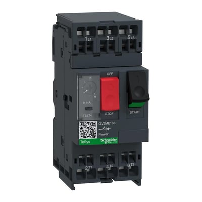 Detaljeret billede af Schneider Electric GV2ME163 motorværn, der viser indstillingshjul for ampere, termisk-magnetisk udløser og skrueterminaler.