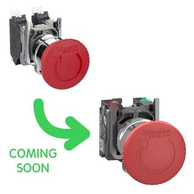 Schneider Electric nødstop med rød tryk/drej funktion, Ø40 mm, med 1NC+NO kontakter og push-in fjederklemmer på hvid baggrund.