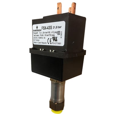 Emerson FSX-43S ventilatorhastighedsregulator til 230 V AC med sort hus, metaltilslutning og mærkeetiket.