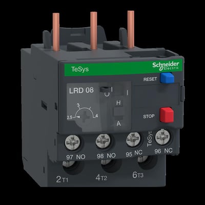 Schneider Electric TeSys D termorelæ, model LR2D08, med indstillingsområde 2,5-4A og klar justeringsknap.