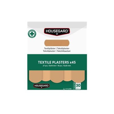 Emballage med Housegard tekstilplastre, vist med grøn og hvid etiket og beige plasterstrimler; produktet sælges som 2 x 45 stk.