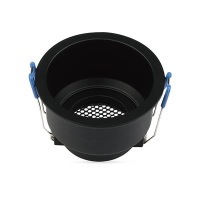 V-TAC GU10 lampeholder i sort aluminium med honeycomb og monteringsclips, vist fra oven på hvid baggrund.