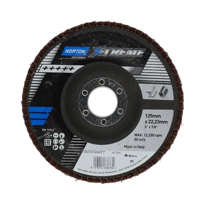 Norton X-Treme R860 konisk lamelrondel med brune slibelameller, 125 mm diameter og P60-korn.