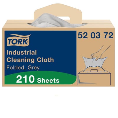 Tork Industrial Cleaning Cloth, Folded Grey, 210 Sheets produktinformation på mørkeblå og grøn baggrund.