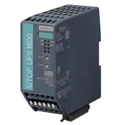 Siemens Sitop DCUPS1600 24V/10A DC UPS med USB, vist fra siden med tydelig mærkning og tilslutningsklemmer.