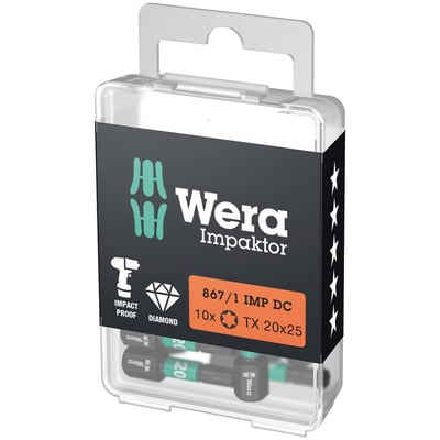 Wera 867/1 Impaktor bits TX20x25 mm, 10 stk. i diamantbelagt udgave, præsenteret i klar plastæske.