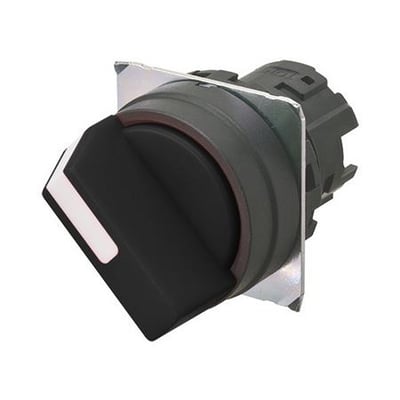 Omron vælger A22NZ med 22 mm diameter, sort plastramme og 2 positioner på hvid baggrund.