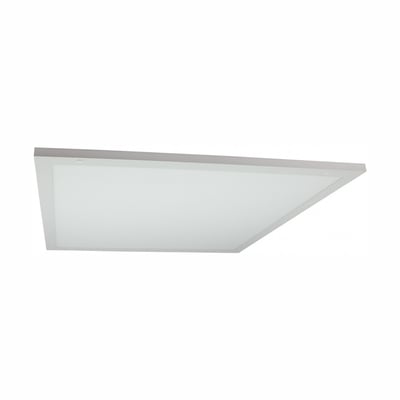 SpectrumLED Algine Duo LED-panel på 60 x 60 cm og 30 W med hvid, kvadratisk ramme og diffus lysflade set skråt nedefra.