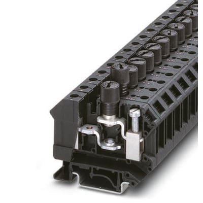 Phoenix Contact UK 10-DREHSI sikringsrækkeklemme til 5x20 mm sikring, sort plast med metalterminaler og monteringsskinne.