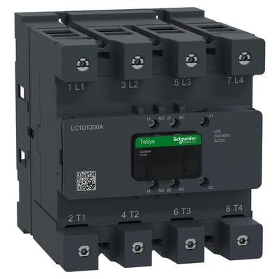 Schneider Electric TeSys Deca Advanced 4-polet kontaktor LC1DT200A med EverLink-tilslutning, 200A AC1, 200-500V AC/DC spole og integrerede hjælpekontakter.