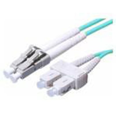 Fiberoptisk patchkabel med LC og SC duplex stik i hvid og grå, samt et turkisblåt kabel på hvid baggrund.