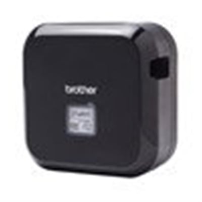 Sort Brother PT-P710 P-touch CUBE Plus-labelmaskine set forfra og fra siden med kompakt, afrundet kabinet.