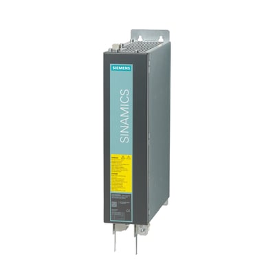 Siemens Sinamics S120 aktivt linjemodul på 16kW med en Booksize byggestørrelse, vist isoleret på en hvid baggrund.