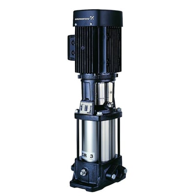 Grundfos CR 1-2 A-A-A-E-HQQE centrifugalpumpe, 3x230/400V, med rustfri pumpehus og sort støbejernsbase på hvid baggrund.