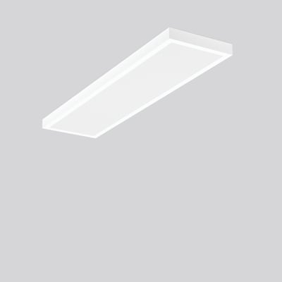 Hvidt, aflangt RZB Kaleea-armatur med flad lysflade, set skråt forfra; modellen har justerbar effekt og DALI-styring.