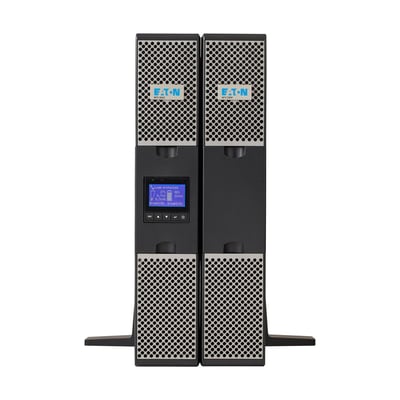 Eaton 9PX online-UPS på 2000 VA vist stående ved siden af en batterienhed, med ventilationsgitre og betjeningsdisplay.