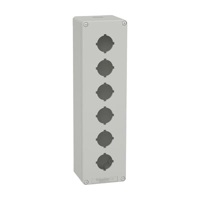 Schneider Electric trykknapkasse i grå metal med plads til 6 trykknapper, Ø30 mm diameter.