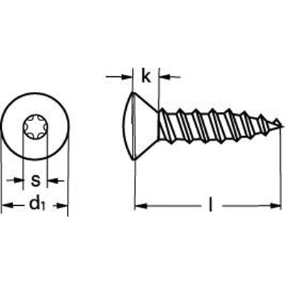 Teknisk tegning af syrefast linsehoved pladeskrue 3,5x13mm med Torx TX15 kærv og A4-stål. Viser hovedets diameter (d1), stjernedybde (s) og hovedhøjde (k).