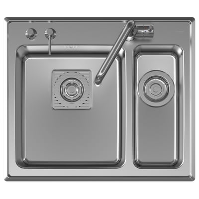 Intra Frame 60 SHLF køkkenvask i rustfrit stål med et venstre placeret stort kumme og en mindre højre kumme, inklusiv armatur og sæbedispenser.