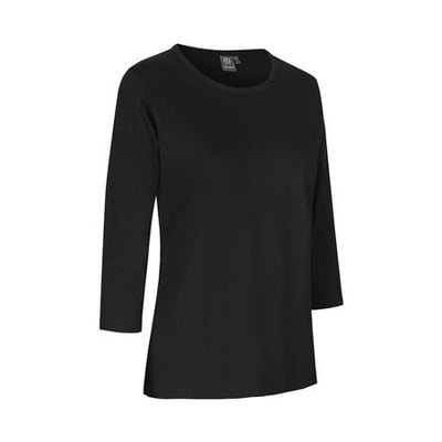 Sort ID Identity T-shirt til damer med 3/4 ærmer og rund hals, vist isoleret på hvid baggrund.