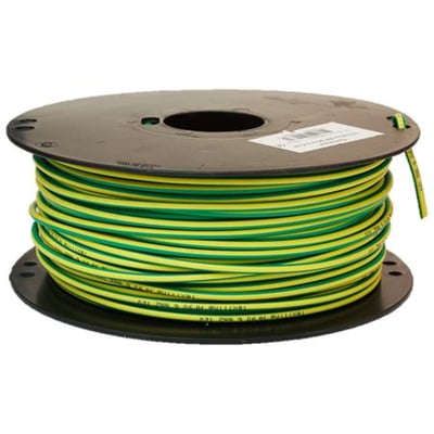 Monteringsledning Texiline HF90 med 6 mm² tværsnit i gul/grøn farve, afbilledet på en kabeltromle med hvid baggrund.