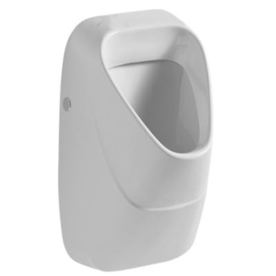 Ifö urinal monteret på væg, hvid keramik med elegant, pladsbesparende design og diskret sideknap.