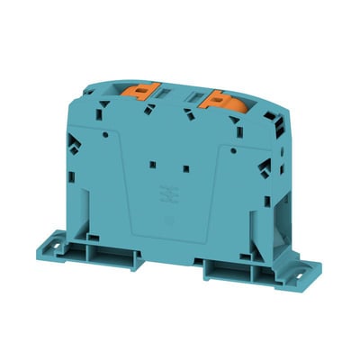 Blå Weidmüller gennemgangsklemme med PUSH IN-teknologi, 150 mm² og to tilslutninger, set skråt forfra.