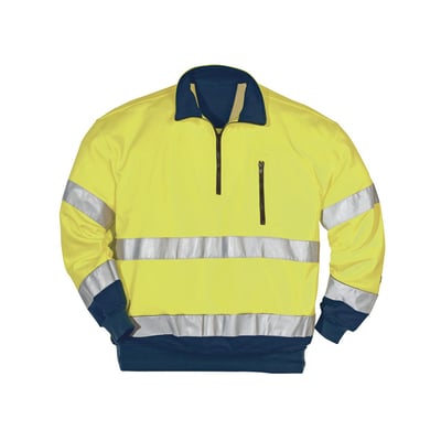 Kansas Hi Vis sweatshirt i gul med marineblå detaljer, størrelse 3XL, med refleksstriber og lynlås i kraven.