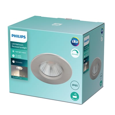 Emballage til Philips Dive indbygningsspot i mat krom, med information om LED, dæmpbar funktion og IP65 klassificering.