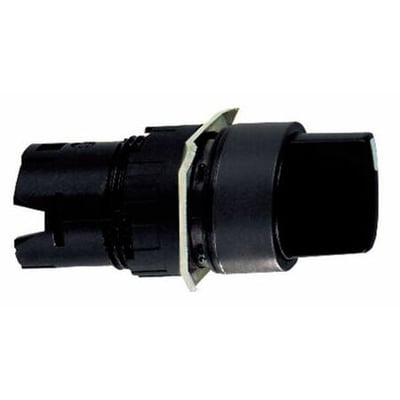 Schneider Electric drejegreb Ø16 mm, RU.SO.2ST, ZB6AD22, sort med ring af kunststof på hvid baggrund.