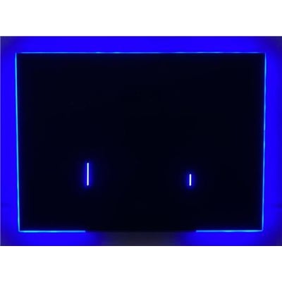 Laufen Lis e-aw107 betjeningsplade i sort glas med berøringsfri IR sensor og blå ambient light. Viser dobbeltskyl.