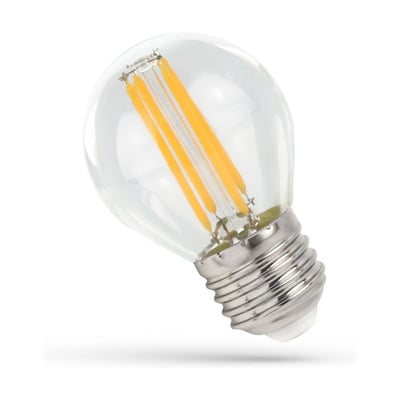 SpectrumLED LED-kronepære G45, 4 W, med klart glas, synlige gyldne kultråde og E27-fatning.