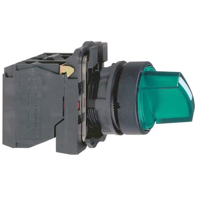 Sidebillede af Schneider Electric drejegreb med lys, der viser tilslutningsmodulet og 22mm frontring i grøn plast.