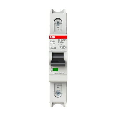 ABB SU201DC-Z50 automatsikring til DC på 50 ampere med én pol og sort betjeningsgreb, vist forfra.