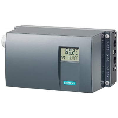 Siemens SIPART PS2 elektropneumatisk positioner i aluminium, med digitalt display og synligt Siemens logo.
