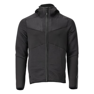 Mascot sort fleece hættetrøje med lynlås og hætte, vist frontalt med lynlås, lommer og ribbede detaljer.