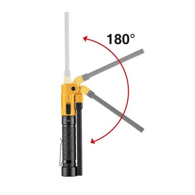 Tegning af Ironside slim LED-håndlampe med lampehoved, der kan vippes 180 grader.