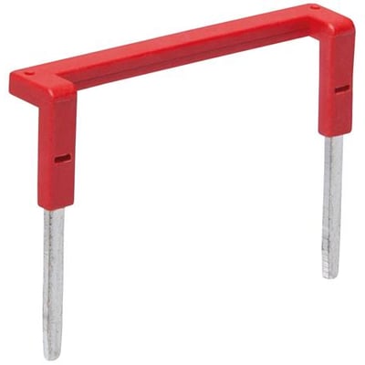 Rød jumper med to metalben og et firkantet rødt plasthåndtag til elektrisk forbindelse.