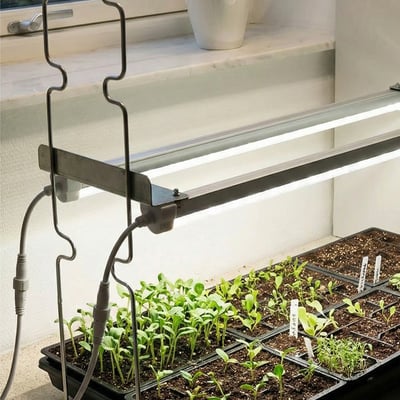 LEDlife Max-Grow 2.0 vækstsæt med to LED-lysskinner, der oplyser bakker med småplanter.