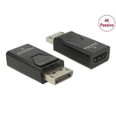 Sort DeLock DisplayPort-til-HDMI-adapter med DisplayPort-stik og HDMI-port, vist fra to vinkler; passiv model til 4K.