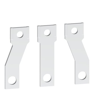 Tre stykker Schneider Electric spreder til TeSys kontaktorer, der demonstrerer deres metalstruktur og monteringshuller for 35mm til 45mm tilslutning.