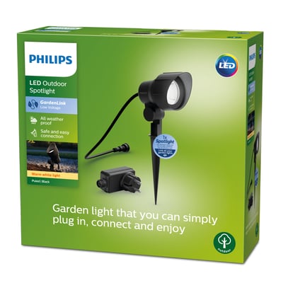 Philips Lighting GardenLink Spot base kit med sort havespot, varmt hvidt lys, LED og IP44-klassificering.