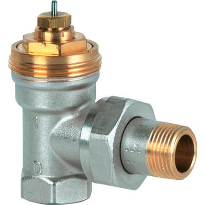 Siemens VEN210 radiatorventil med vinkelløb i messing og metal, viser 3/8" NF tilslutning og ventilspindel.
