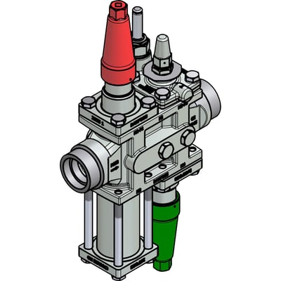 Danfoss ICF 25-4-18 ventilstation i stål med grå og rød top samt grøn bund, med 40mm svejsestuds.