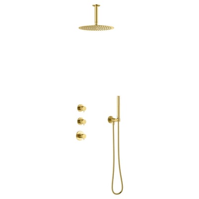 Damixa Iris termostatbatteri i børstet messing, vist med indbygningsdele, en rund loftbruser og en håndbruser med slange.