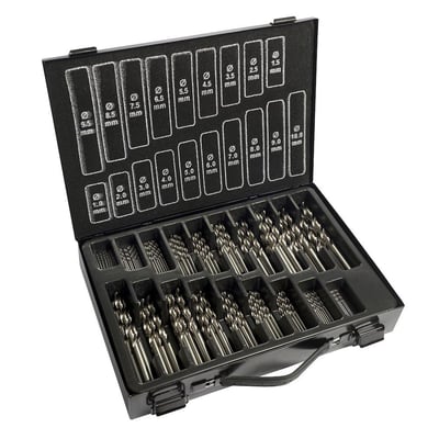 Ironside spiralborsæt med HSS-G-bor fra 1 til 10 mm, sorteret efter diameter i et åbent sort etui.