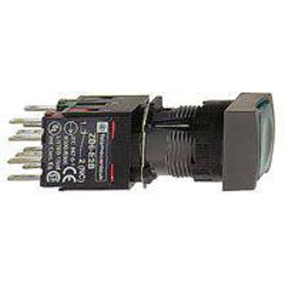 Schneider Electric lampetryk XB6CF3B1B, kvadratisk design med grøn kiptryk og plast frontring, viser tilslutningsben til printkort og loddepin-stik.